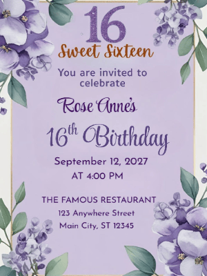 Elegant Modern Purple Floral Sweet 16 Birthday Invitation customizable template
