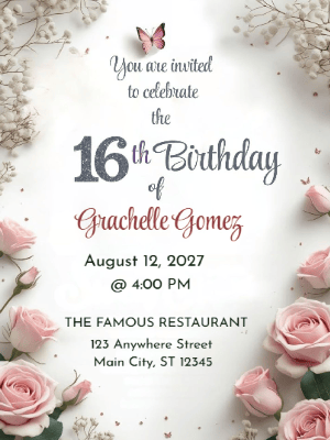 Modern Butterfly Pink Floral Sweet 16 Birthday Invitation customizable template