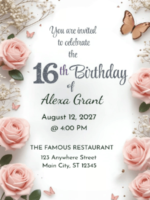 Modern Butterfly Pink Floral Sweet 16 Birthday Invitation customizable template