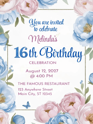 Modern Pink and Blue Floral Sweet 16 Birthday Invitation customizable template