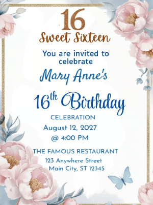 Elegant Pink & Blue Floral Sweet 16 Birthday Invitation customizable template