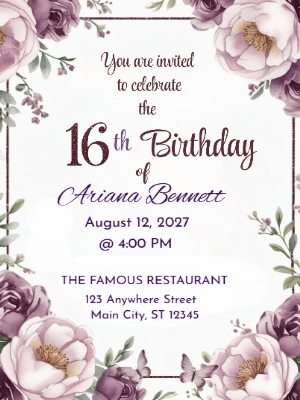 Elegant Modern Purple Floral Sweet 16 Birthday Invitation customizable template