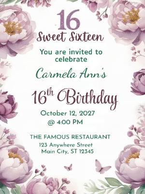 Elegant Modern Purple Floral Butterfly Sweet 16 Birthday Invitation customizable template
