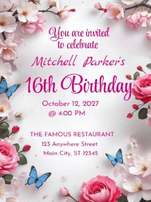 Elegant Modern Pink Floral Butterfly Sweet 16 Birthday Invitation customizable template