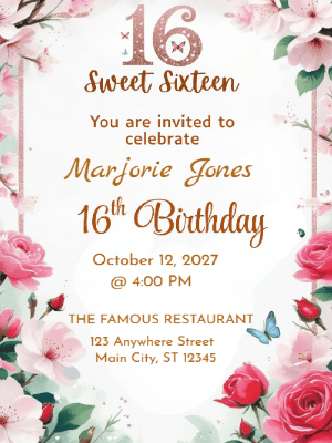 Elegant Modern Pink Floral Butterfly Sweet 16 Birthday Invitation customizable template