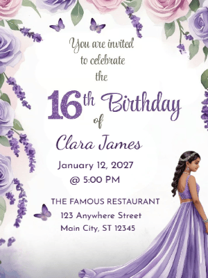 Elegant Princess Pink Purple Floral Butterfly Sweet 16 Birthday Invitation customizable template