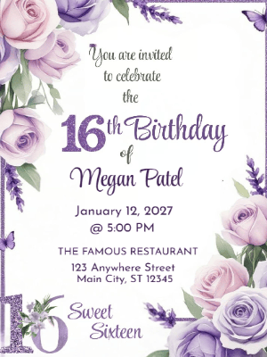 Elegant Pink Purple Floral Sweet 16 Birthday Invitation customizable template