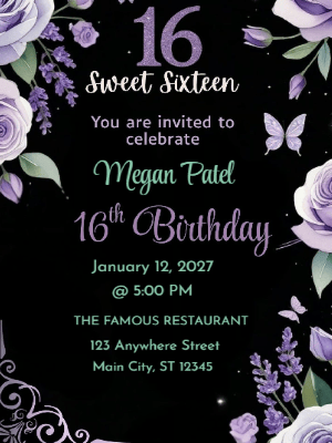Modern Elegant Purple Floral Butterfly Sweet 16 Birthday Invitation customizable template