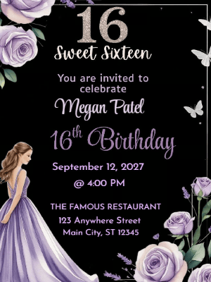 Elegant Princess Purple Floral Butterfly Sweet 16 Birthday Invitation customizable template