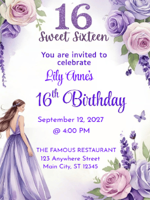 Elegant Princess Purple Pink Floral Sweet 16 Birthday Invitation customizable template