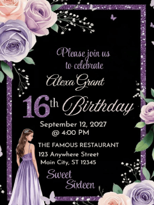 Elegant Princess Purple Pink Floral Sweet 16 Birthday Invitation customizable template