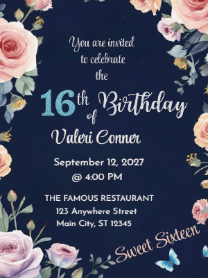 Modern Elegant Pink Peach Floral Sweet 16 Birthday Invitation customizable template