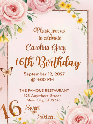 Modern Pink Floral Butterfly Sweet 16 Birthday Invitation customizable template