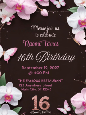 Elegant Pink Floral Butterfly Sweet 16 Birthday Invitation customizable template