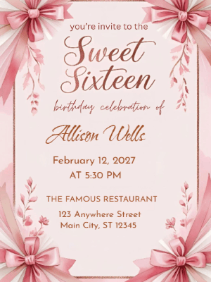 Elegant Pink  Ribbons Sweet 16 Birthday Invitation customizable template
