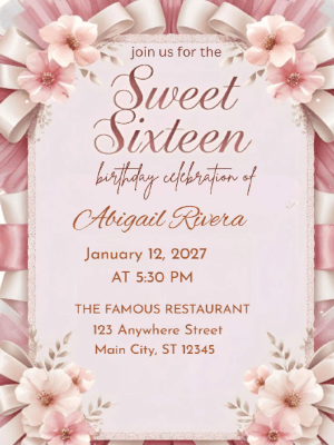 Elegant Pink  Ribbons Sweet 16 Birthday Invitation customizable template