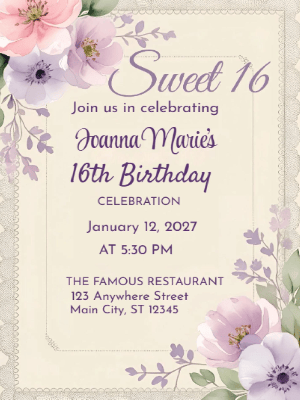 Elegant Modern Paris Pink and Purple Floral Sweet 16 Birthday Invitation customizable template
