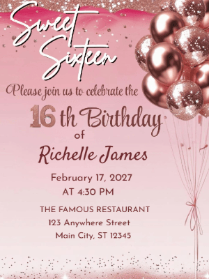Modern Elegant Hollywood Sparkle Balloon Pink Sweet 16 Birthday Invitation customizable template