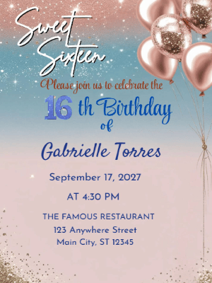 Modern Elegant Hollywood Blush Pink and Blue Sweet 16 Birthday Invitation customizable template