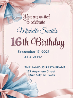 Modern Paris Blush Pink and Blue Sweet 16 Birthday Invitation customizable template