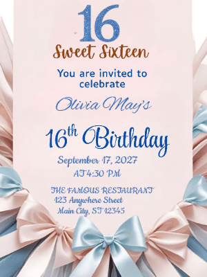 Modern Pink and Blue Coquette Bows Sweet 16 Birthday Invitation customizable template