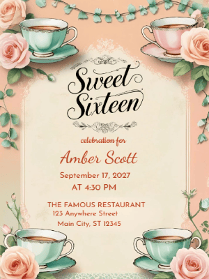 Elegant Peach Pink Floral Teacup Sweet 16 Birthday Invitation customizable template