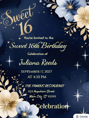 Elegant Celestial Gold and Blue Floral Sweet 16 Birthday Invitation customizable template