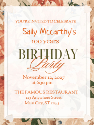 Elegant Pink Floral Decorative Border 100th Birthday Invitation customizable template