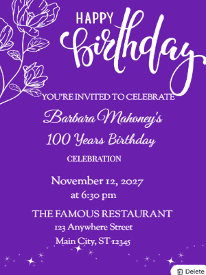 Elegant Purple and White 100th Birthday Invitation customizable template