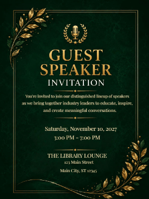 Guest Speaker Invitation Gold Black Green Guest Speaker Event