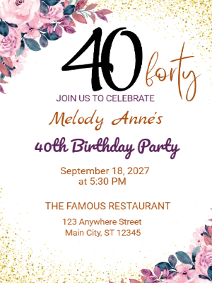 Elegant Pink Floral 40th Birthday Invitation customizable template