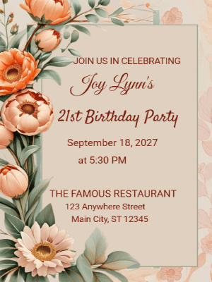 Modern Elegant Orange Floral 21st Birthday Invitation customizable template