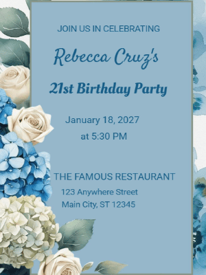 Modern Elegant Blue Floral 21st Birthday Invitation customizable template