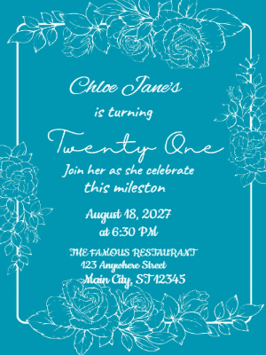 Elegant Blue Floral 21st Birthday Invitation customizable template