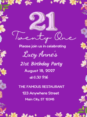 Elegant Modern Purple Floral Border 21st Birthday Invitation customizable template
