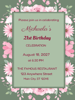 Elegant Modern Pink Floral 21st Birthday Invitation customizable template