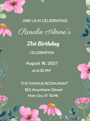 Elegant Modern Pink Floral 21st Birthday Invitation customizable template