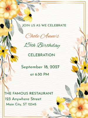 Modern Yellow Floral Quinceañera Birthday Invitation customizable template