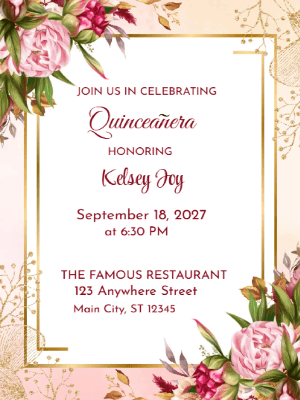 Elegant Pink and Gold Floral Quinceañera Birthday Invitation customizable template