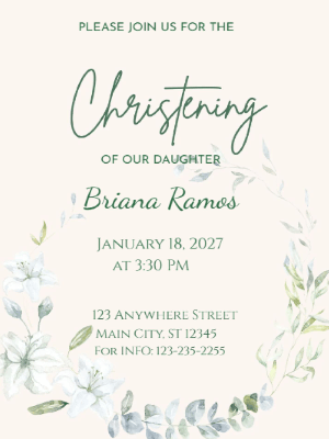 Floral Greenery Baby Christening Invitation customizable template