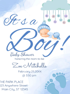 Blue Sleeping Boy Baby Shower Invitation customizable template