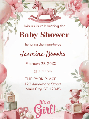 Pink Girl Balloons Baby Shower Invitation customizable template