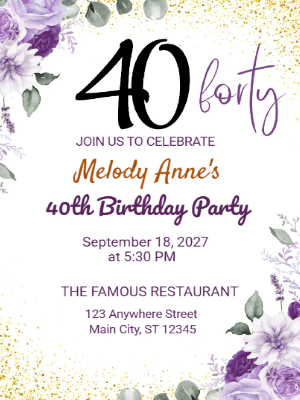 Elegant Purple Floral 40th Birthday Invitation customizable template