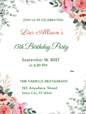 Modern Pink Green Floral Quinceañera Birthday Invitation customizable template