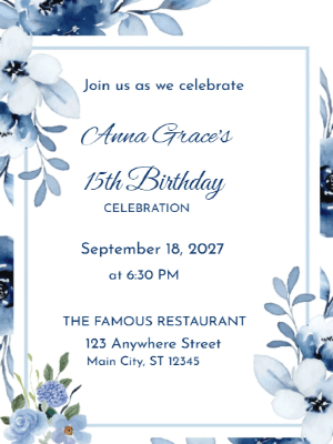 Elegant Blue Floral 15th Birthday Invitation customizable template