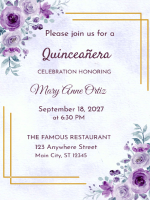 Elegant Purple Floral Quinceañera Birthday Invitation customizable template