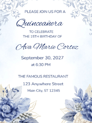 Modern Blue Floral Quinceañera Birthday Invitation customizable template