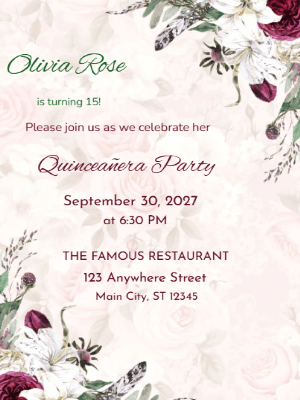 Elegant Pink Floral Quinceañera Birthday Invitation customizable template