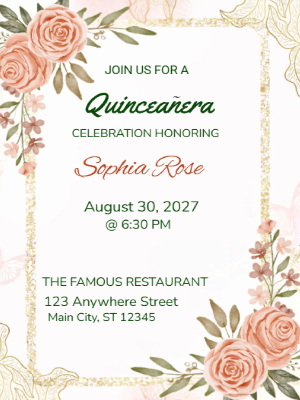 Modern Peach Floral Quinceañera Birthday Invitation customizable template