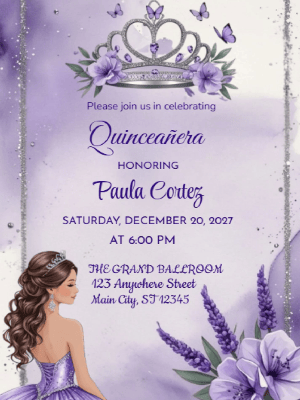 Princess Tiara Purple Floral Invitation Quinceañera customizable template